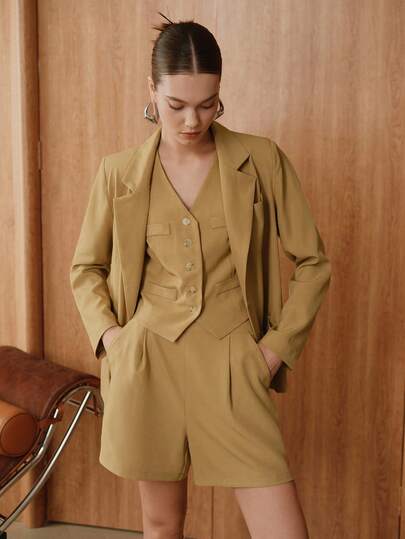 SHEIN Unity Women's Woven Vest, Fashionable Waist Cinched Design, Paired With Blazer Jacket And Loose Casual Shorts, Luxury 3 Pieces Set, Suitable For Spring And Autumn Fall Cloth For Women