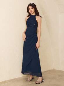 Teenage Girl Contrast Lace Sequin Ruffle Design Elegant Halter Party Dress Fall Winter - Navy Blue - View 1