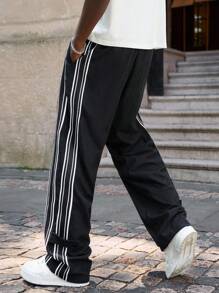 Claim Dot Pantalones casuales de pana de pierna recta para hombres con diseño de doble raya, estilo retro americano adecuado para uso diario, cierre con botón, para otoño - Negro - Ver 4