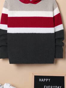 SHEIN Tween Boy Oversized Striped Hooded Pullover Sweater, Winter ,Fall - Red - View 5