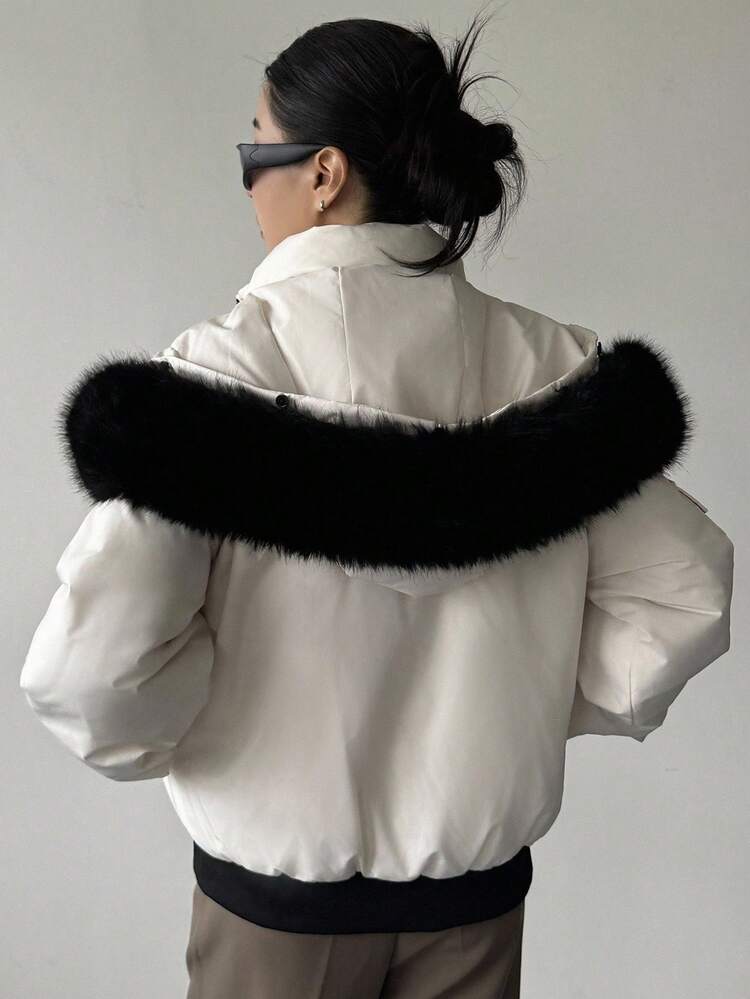 Color Block Hooded Faux Fur Collar Women's Winter Jacket Women Coats