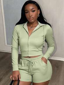 Slaydiva Conjunto de 2 piezas de chaqueta con capucha con cierre frontal y shorts de unicolor para mujer