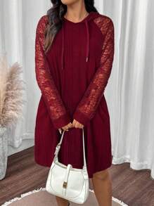 EMERY ROSE Plus Size Women Lace Sleeve Patchwork Casual Dress Fall Cloth For Women - Burgundy - View 3
