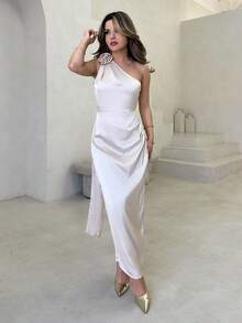 Jemour Elegantes & Sexy Französisches Satinband Schräger Schulter Ausschnitt 3D Blumen Taille Geraffter Volant Figurbetontes Bodycon Kleid - Aprikosenfarben - Übersicht 5