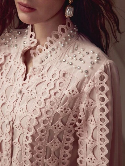 MOTF PREMIUM EMBROIDERED HOLLOW OUT BEADED MOCK NECK FITTED LONG SLEEVE BLOUSE