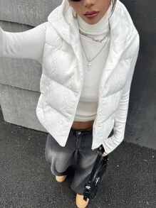 SHEIN ICON 性感女孩休闲背心夹克白色连帽羽绒背心秋冬