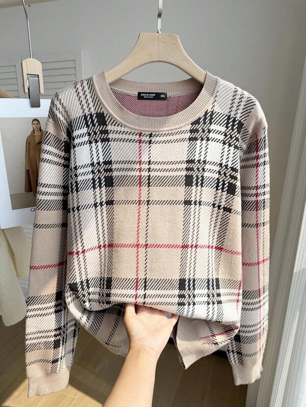 SHEIN EZwear 大碼格紋圖案套頭毛衣