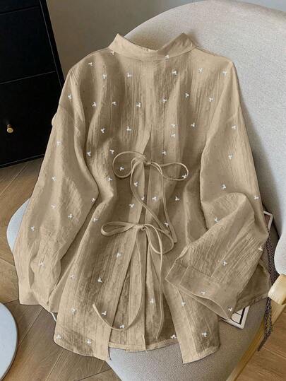 Resyla Women's Fashionable Loose Thin Backless Tie-Up Long Sleeve Shirt, Spring/Summer