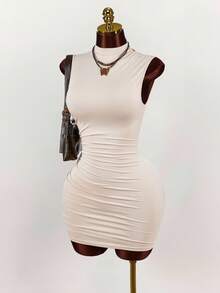 Amplova 女式新款纯色立领PU迷你连衣裙 - 杏色 - 查看 3