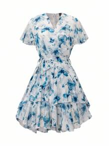 Rafferiza 简约优雅 V 领荷叶边袖春季女式连衣裙 - 藍色 - 查看 8