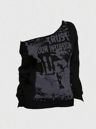 Grunge Punk Suéter holgado asimétrico de hombro de mujer con estampado de teñido anudado de esqueleto de festival de música vintage