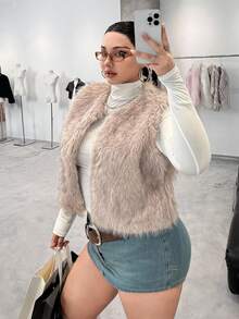 SHEIN EZwear 蓬松加厚大码女式前开宽松背心/夹克，适合冬季 - 杏色 - 查看 8