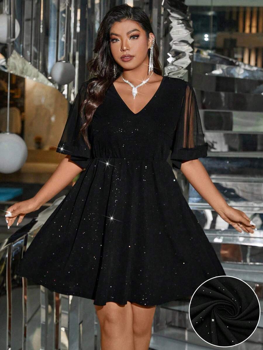 Femmeverse Plus Size Summer Elegant V-Neck Mesh Contrast Dress, Suitable For Gathering - Black - View 1