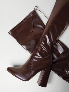 SHUZIA 女士迷人性感尖头粗跟过膝高跟靴 - 巧克力棕 - 查看 5