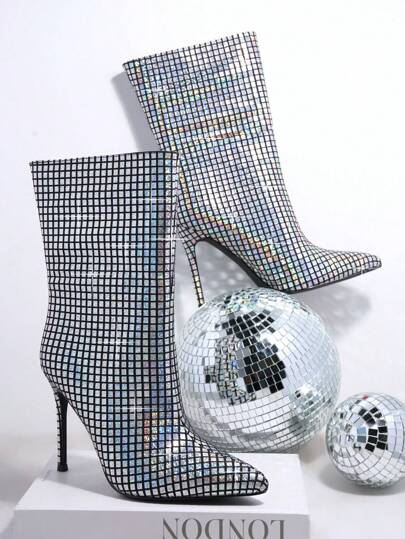 SHUZIA Metallic Point Toe Stiletto Heeled Boots