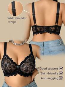 SHEIN 1pc Plus Size Sheer Lace Underwire Bra, Lift