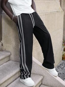 Claim Dot Pantalones casuales de pana de pierna recta para hombres con diseño de doble raya, estilo retro americano adecuado para uso diario, cierre con botón, para otoño - Negro - Ver 3