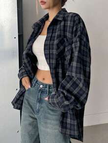 DAZY 女士宽松格子街头休闲校服衬衫，法兰绒女士长袖上衣