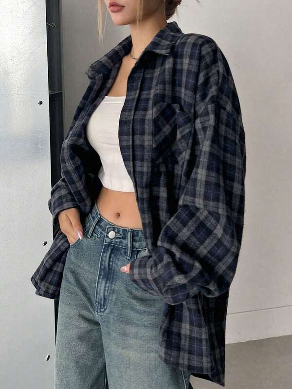 DAZY Women's Loose Plaid Street Casual School Uniform Shirt,Flannels Women Long Sleeve Top