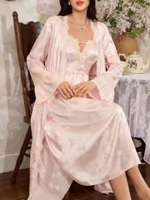 Côtesoire 法式优雅浪漫提花缎带蕾丝女士睡袍套装，秋装 - 淺粉色 - 查看 1