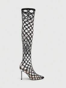 CUCCOO SZL 女士水钻装饰镂空设计情人节黑色时尚迷人尖头细高跟袜靴户外度假鞋派对坏人时尚别致华丽风格圣诞迪斯科派对夜间外出坏人秋季新年假期 - 黑色 - 查看 3