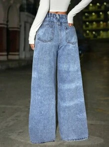 SHEIN 少女水钻装饰宽松蓝色牛仔裤 - 淺色水洗藍 - 查看 2