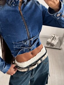 StreetHx Áo khoác denim phong cách Retro Biker Chic có cổ đứng cài nút - Rửa trung bình - Xem 8