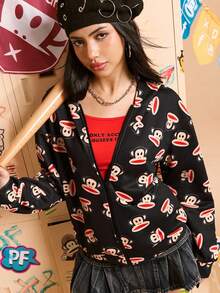 Paul Frank X SHEIN 女士休闲日常猴子印花拉链连帽衫 - 黑色 - 查看 7