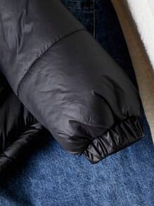 Teen Girl Casual Thickened Padded Coat,Black Winter Streetwear,Resin Zipper,Black Buttons,Simple Fabric,Oblique Pockets,Suitable For Commuting,Travel - Black - View 5