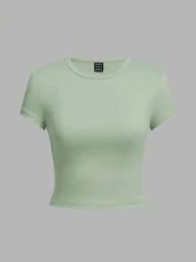 SHEIN EZwear 4 peças Camiseta Casual Feminina Slim de Gola Redonda de Manga Curta, Adequada para o Verão - Multicolorido - Ver 10