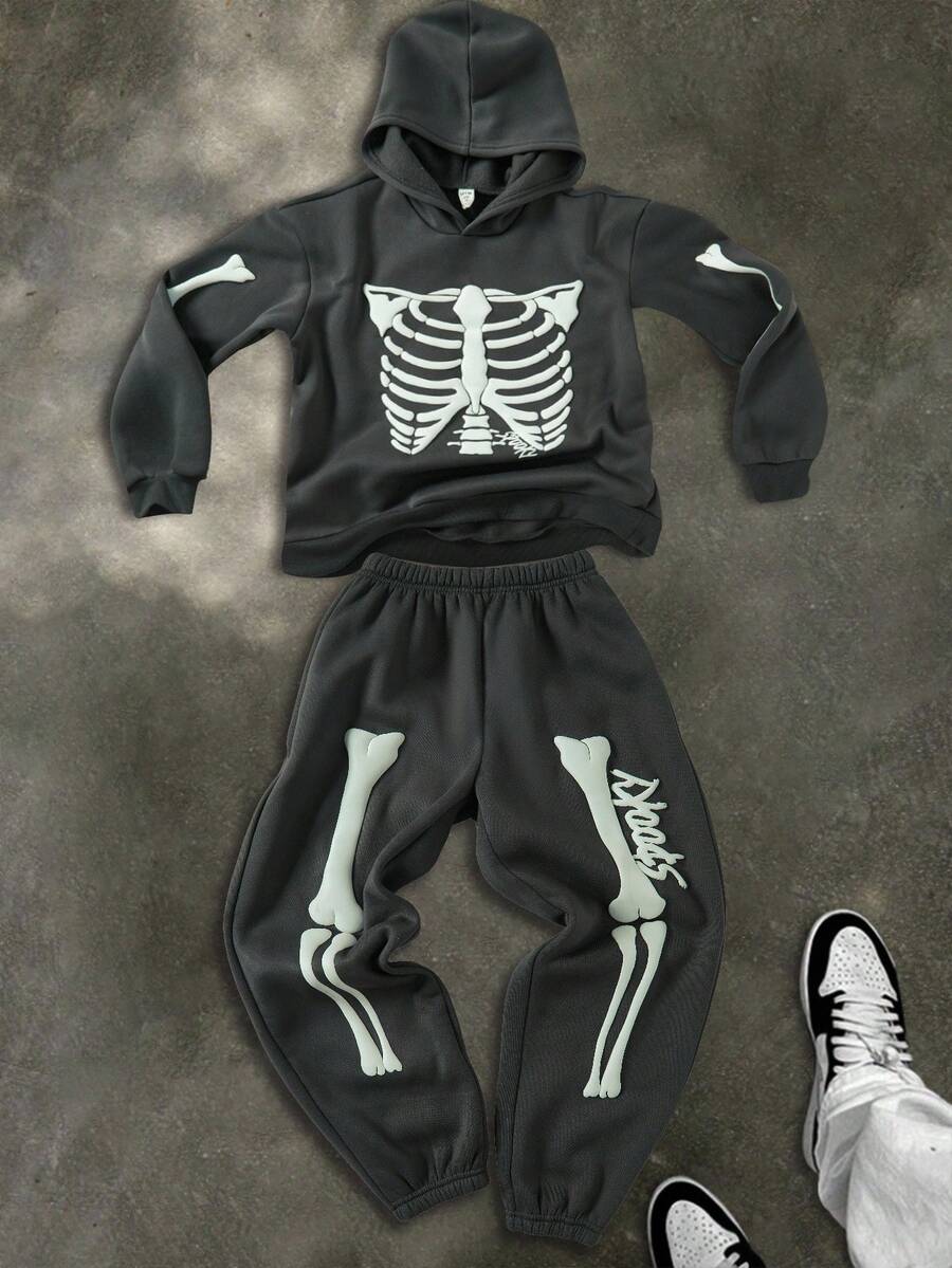 2 pièces Ensemble de survêtement en tricot pour enfants/pré-adolescents garçons, sweat-shirt à capuche et pantalon de jogging confortables et décontractés avec graphique en feuille d'aluminium