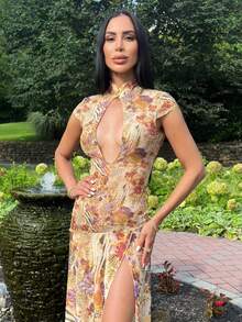 Carolina Barros Vestido de encaje y malla con estampado abstracto floral y animal