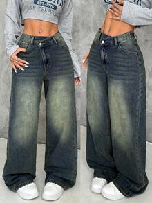 SHEIN PETITE Women's Thick Denim Jeans, Oblique Placket, Loose Wide-Leg Pants, Blue - Dark Wash - View 1