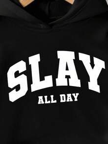 SHEIN 2pcs/Set Tween GirlsGirls Black Hoodie Sweatshirt & Elastic Cuff Knit Pants Casual Creative Letter Graphic Print Outfit Slay All Day Outfit Slay All Day Sweatsuit Hoodie Set Sweat Set 2 Piece Set Fall Winter - Black - View 4