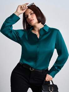 Chikora Chemise boutonnée en satin popeline grande taille, tenues de bureau pour femmes - Bleu canard - Voir 3