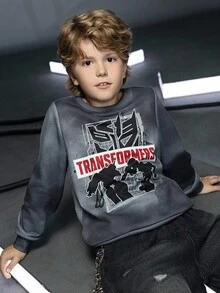 Transformers X SHEIN Sweat-shirt-shirt col rond décontracté avec graphique lettrage pour garçon préadolescent, automne - Gris - Voir 4