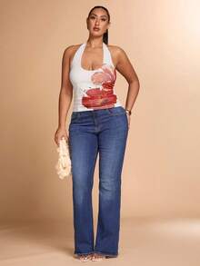 SHEIN BAE Áo cổ yếm họa tiết hoa cỡ lớn mùa hè cho nữ/Áo mùa hè/Áo lễ hội âm nhạc/Áo đi biển, Áo đen - Nhiều màu - Xem 3