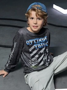 Transformers X SHEIN Sudadera informal con cuello redondo y gráfico de letras para niño preadolescente, otoño - Gris - Ver 3
