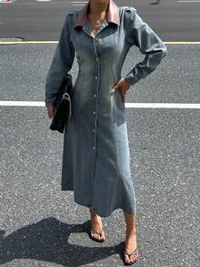 DAZY Vestido de mezclilla casual de mujer con bloque de color de contraste y mangas abultadas, otoño