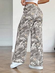 SHEIN 少女树叶植物印花宽松休闲阔腿裤 - 彩色 - 查看 2