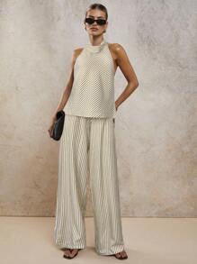 COSMINA Conjunto de dos piezas elegante de rayas con escote halter para mujer, primavera/verano - Caqui - Ver 4