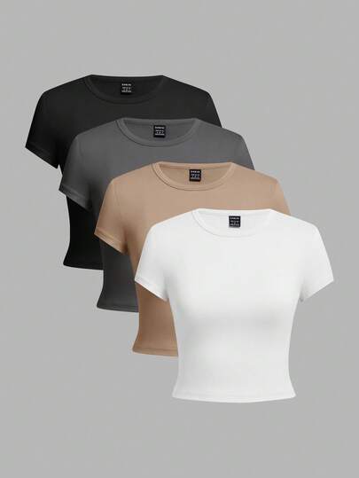 SHEIN EZwear 4pcs/Set Women Casual Round Neck Slim-Fit Short Sleeve T-Shirts, Suitable For Summer Suitable For Going Out
