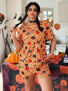 Bộ đồ ngủ tay ngắn dệt kim in hình bí ngô và ma Halloween cỡ lớn kèm quần short - Nhiều màu - Xem 5
