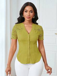 Lunelith SHEIN Lunessa Blouse à manches courtes avec patchwork en dentelle de couleur unie, pour le travail