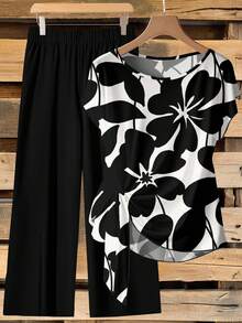 EMERY ROSE Multicolor Two-Piece Set For Women With Plant Print Blouse And Comfy Pants Two Piece Set Women Short Sleeve Blouse And Pants Set,Teacher Outfits For Women,Flower/Spring/Summer/Vacation - Multicolor - View 1