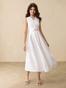 青少年 V 领收腰无袖连衣裙，优雅大方，适合返校、派对、万圣节、圣诞节 - 白色 - 查看 4