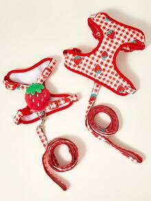 PETSIN 可爱红色格子草莓图案印花宠物狗猫背带和牵引绳套装，适用于狗和猫 - 彩色 - 查看 2