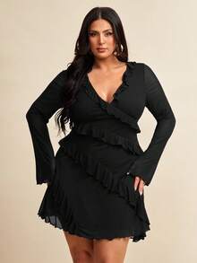 SHEIN BAE 加大码长袖连衣裙，浪漫甜美荷叶边秋季连衣裙，适合约会、旅行、秋季内衣、蝴蝶结、女士夏季连衣裙、女士节日派对服装、优雅、生日服装、网眼、性感连衣裙、生日礼服、返校女孩服装、女孩夏季服装、秋季服装、校服、万圣节、冬季、Y2k 服装、复古、女士度假服装、加大码女装、女士夏季连衣裙、7 月 4 日女士 - 黑色 - 查看 7