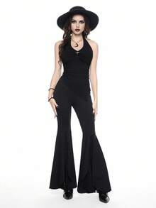 ROMWE Goth Asymmetric Hem Backless Halter Neck Women Tank Top, Black, For Going Out - Black - View 2