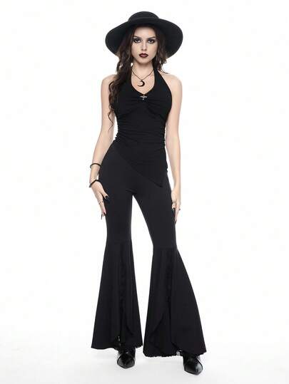 Goth Top sin espalda con cuello de halter y bajo asimétrico para mujer, color negro, para salir